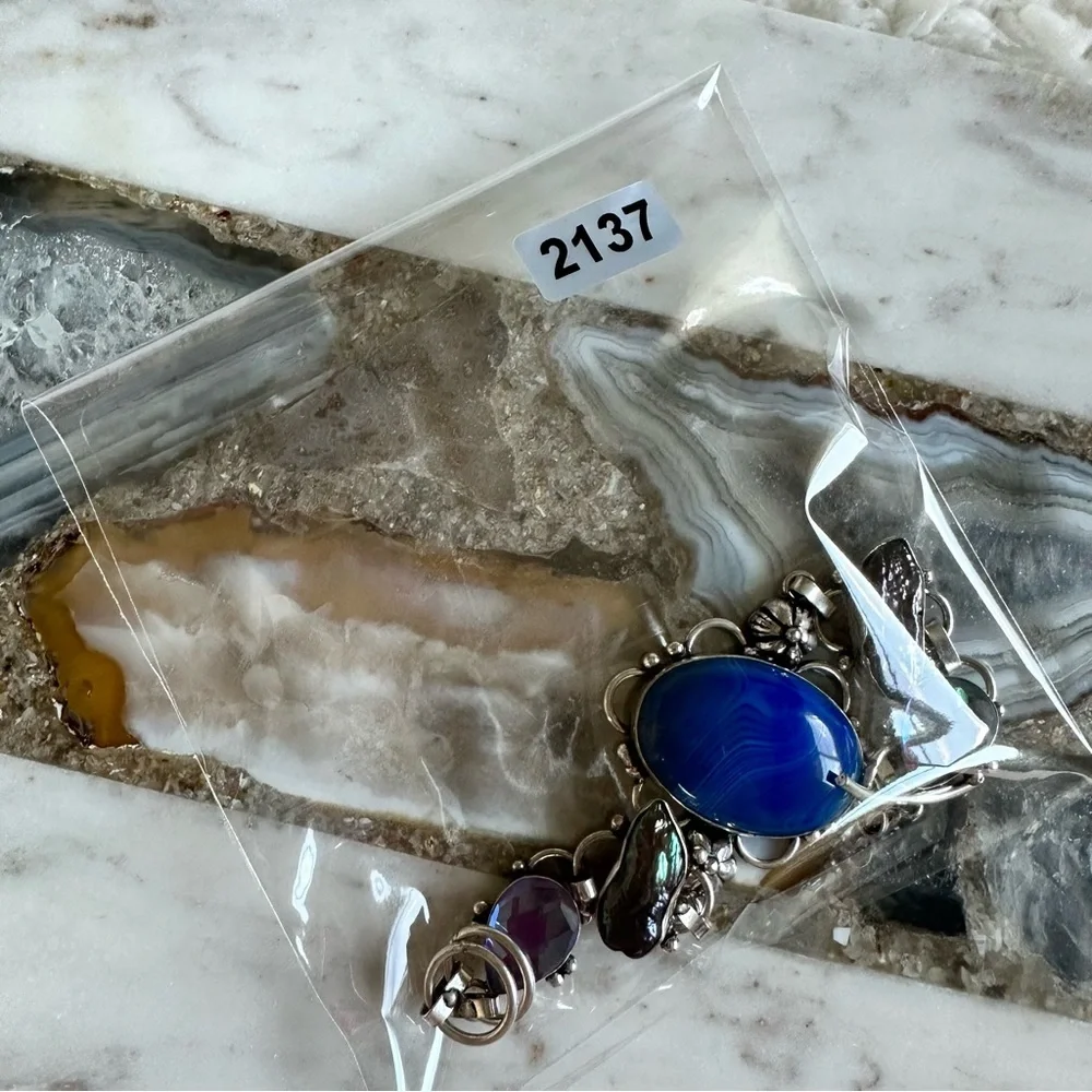 2137 Stunning Blue and Silver Bracelet with Floral Accents